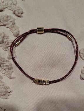 BaubleBar Burgundy Cord Custom Bracelet with Gold "Alice"